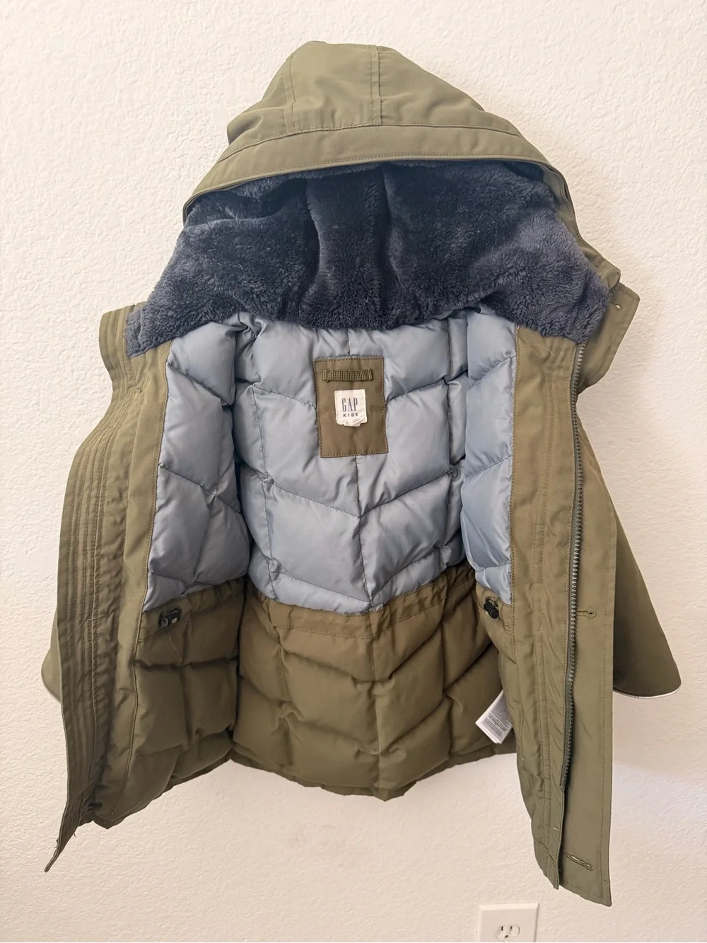 GAP Dark Green Puffer Parka with Faux Fur Hood